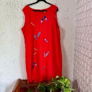 Vintage Carole Little Plus Linen Blend Red Shift Dress Beach Sandal Appliqué 26W